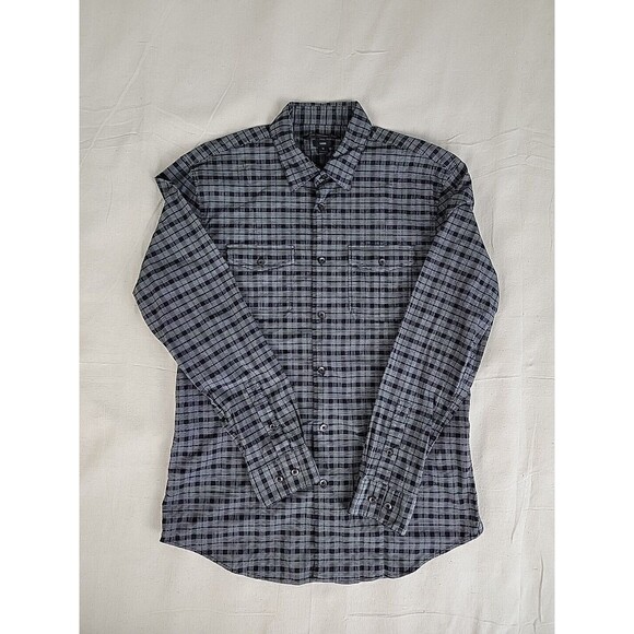 John Varvatos Shirt Mens M Button Black Gray Plaid Lightweight Casual Pockets - Picture 1 of 12